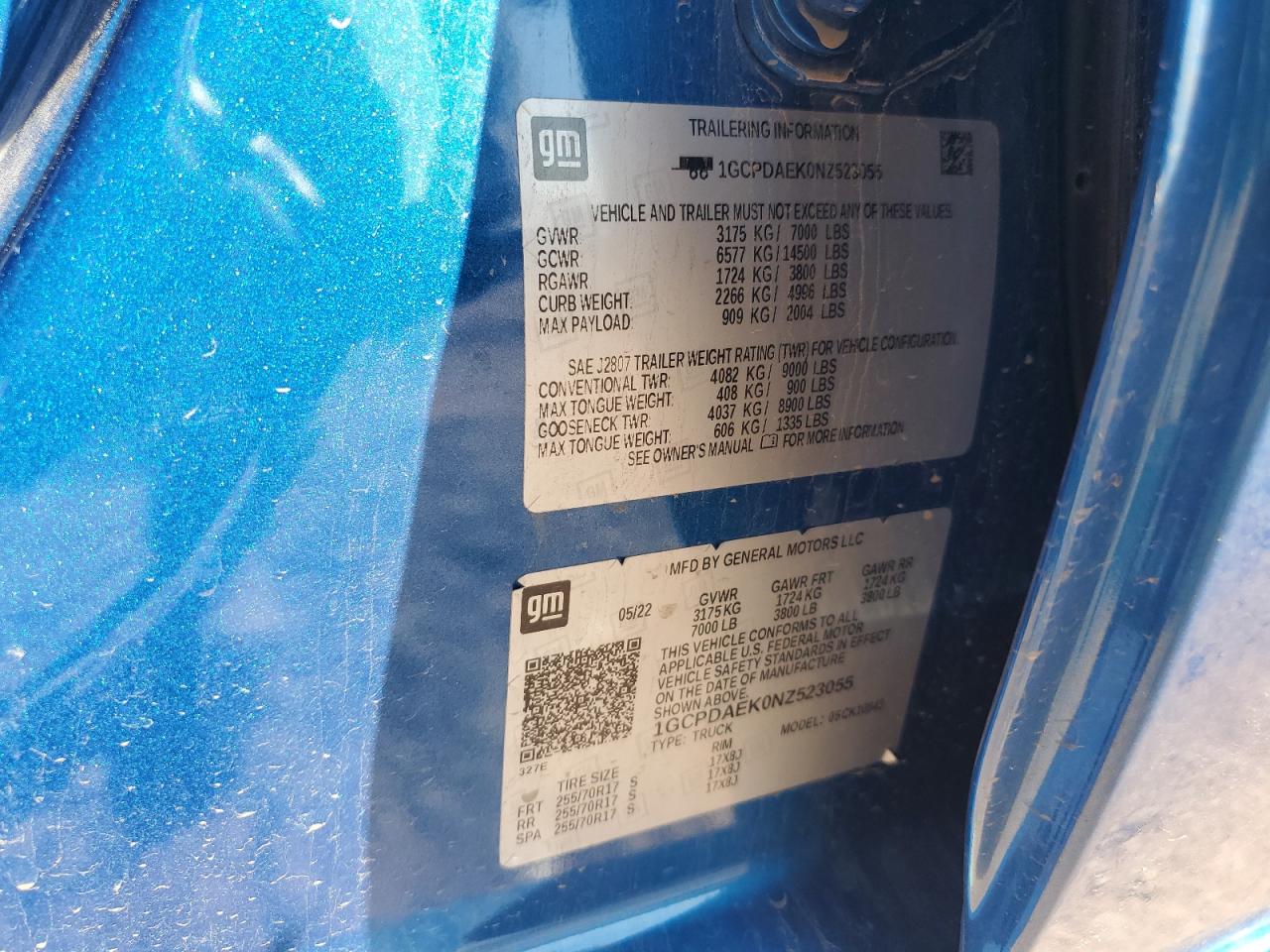 2022 CHEVROLET SILVERADO K1500 VIN:1GCPDAEK0NZ523055