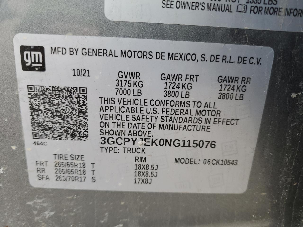 2022 CHEVROLET SILVERADO LTD K1500 LT-L VIN:3GCPYJEK0NG115076