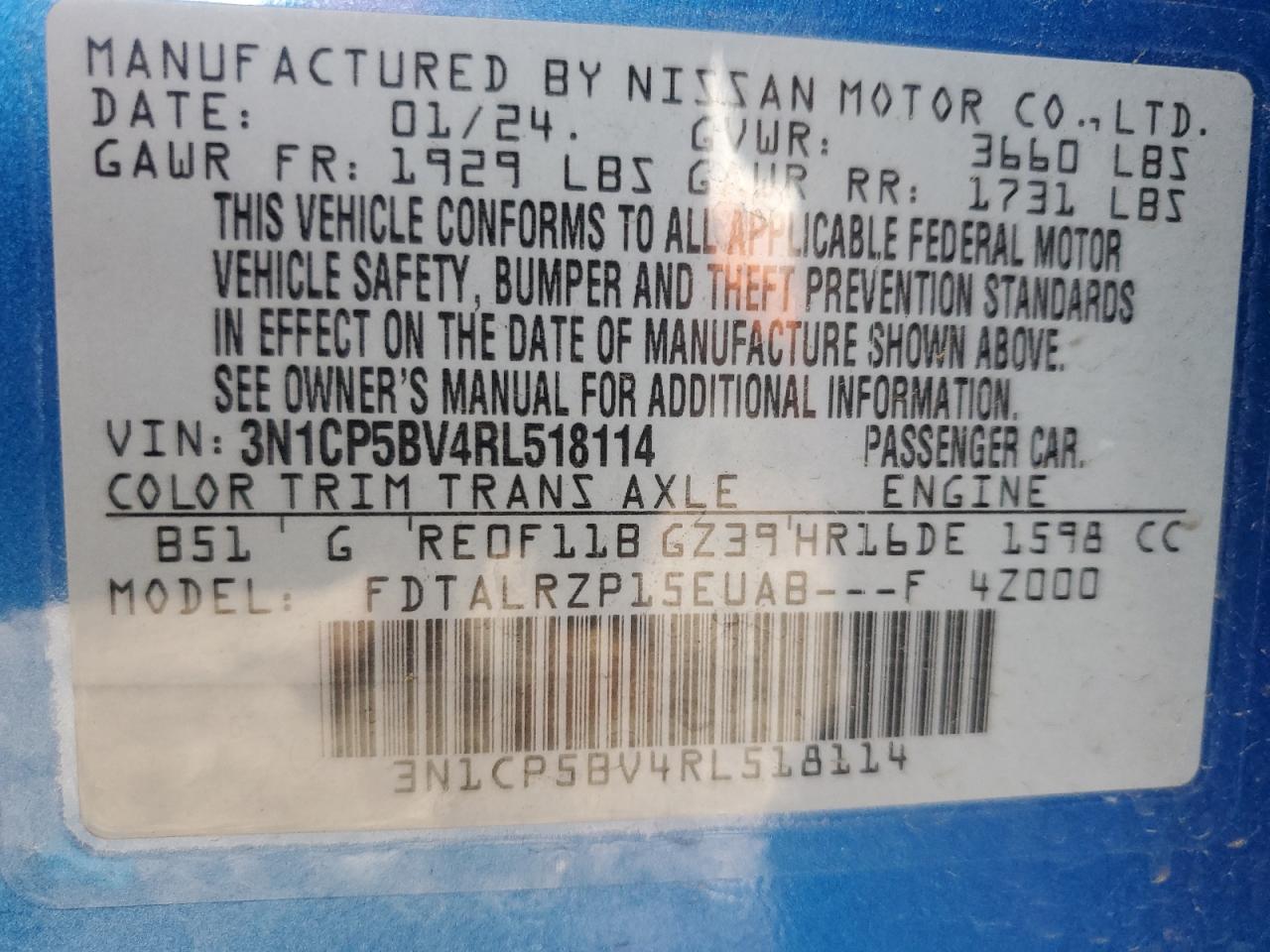2024 NISSAN KICKS S VIN:3N1CP5BV4RL518114