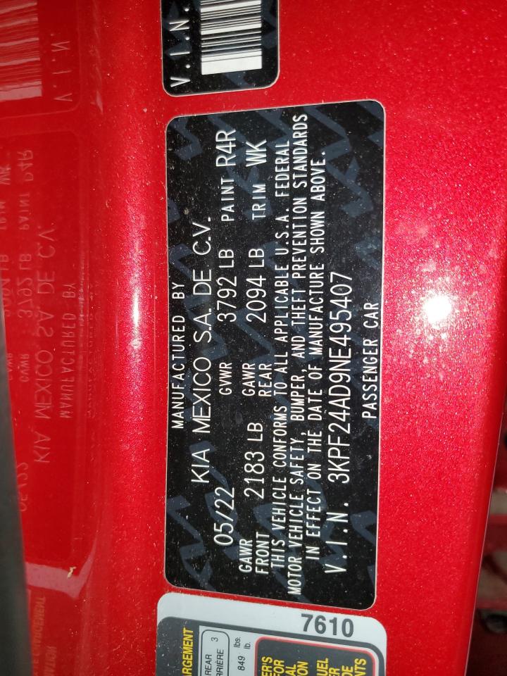 2022 KIA FORTE FE VIN:3KPF24AD9NE495407