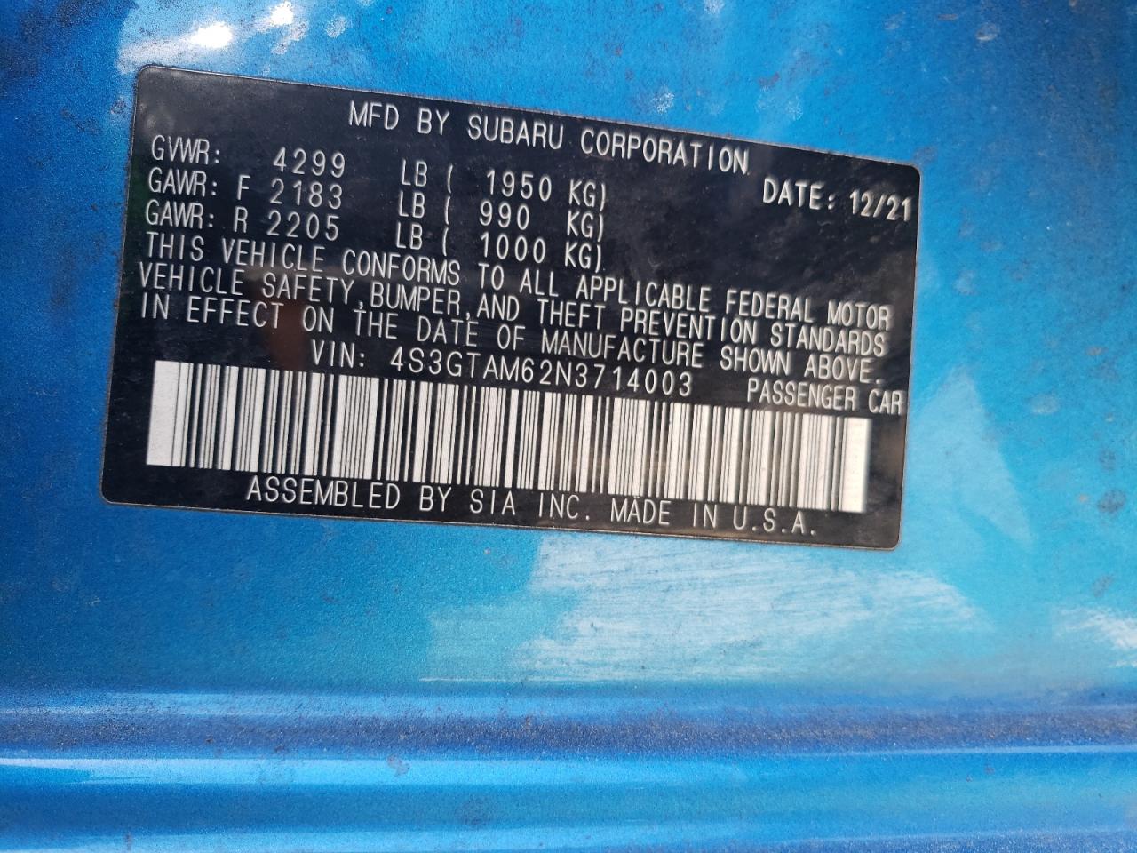 2022 SUBARU IMPREZA SPORT VIN:4S3GTAM62N3714003