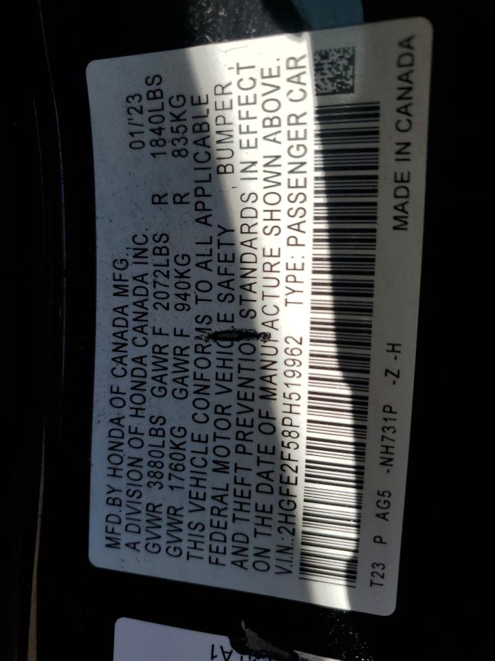 2023 HONDA CIVIC SPORT VIN:2HGFE2F58PH519962