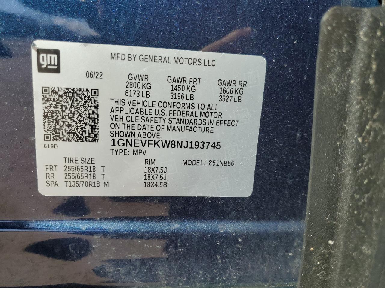 2022 CHEVROLET TRAVERSE LS VIN:1GNEVFKW8NJ193745