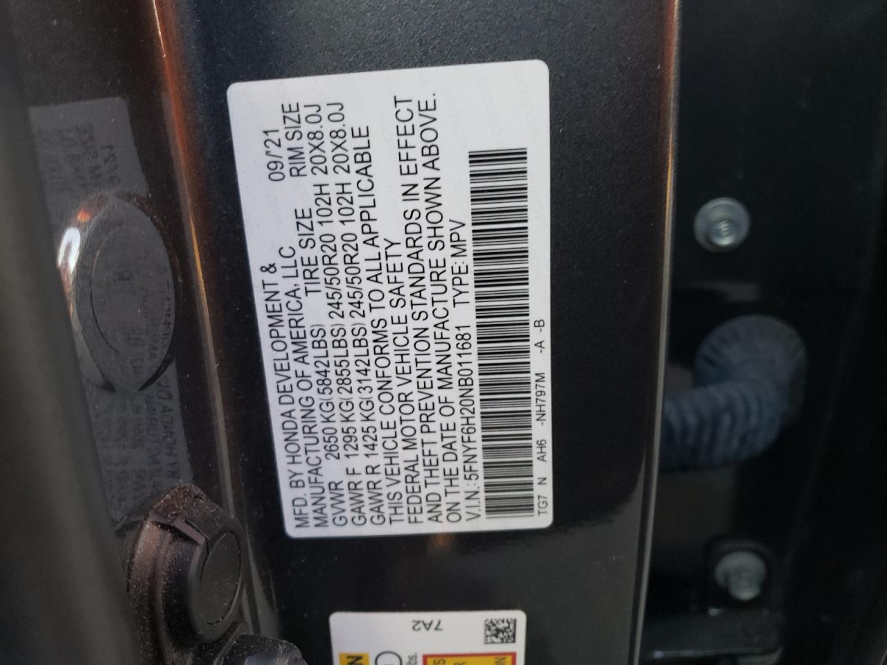 2022 HONDA PILOT SE VIN:5FNYF6H20NB011681