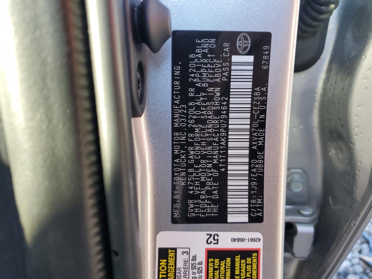 2023 TOYOTA CAMRY SE NIGHT SHADE VIN:4T1T11AK9PU794642