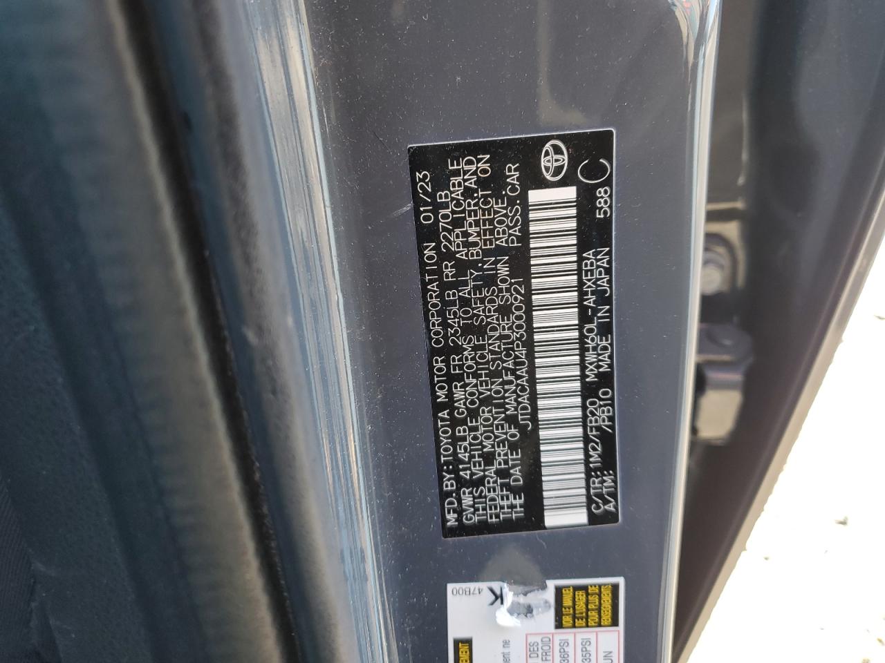 2023 TOYOTA PRIUS LE VIN:JTDACAAU4P3000921