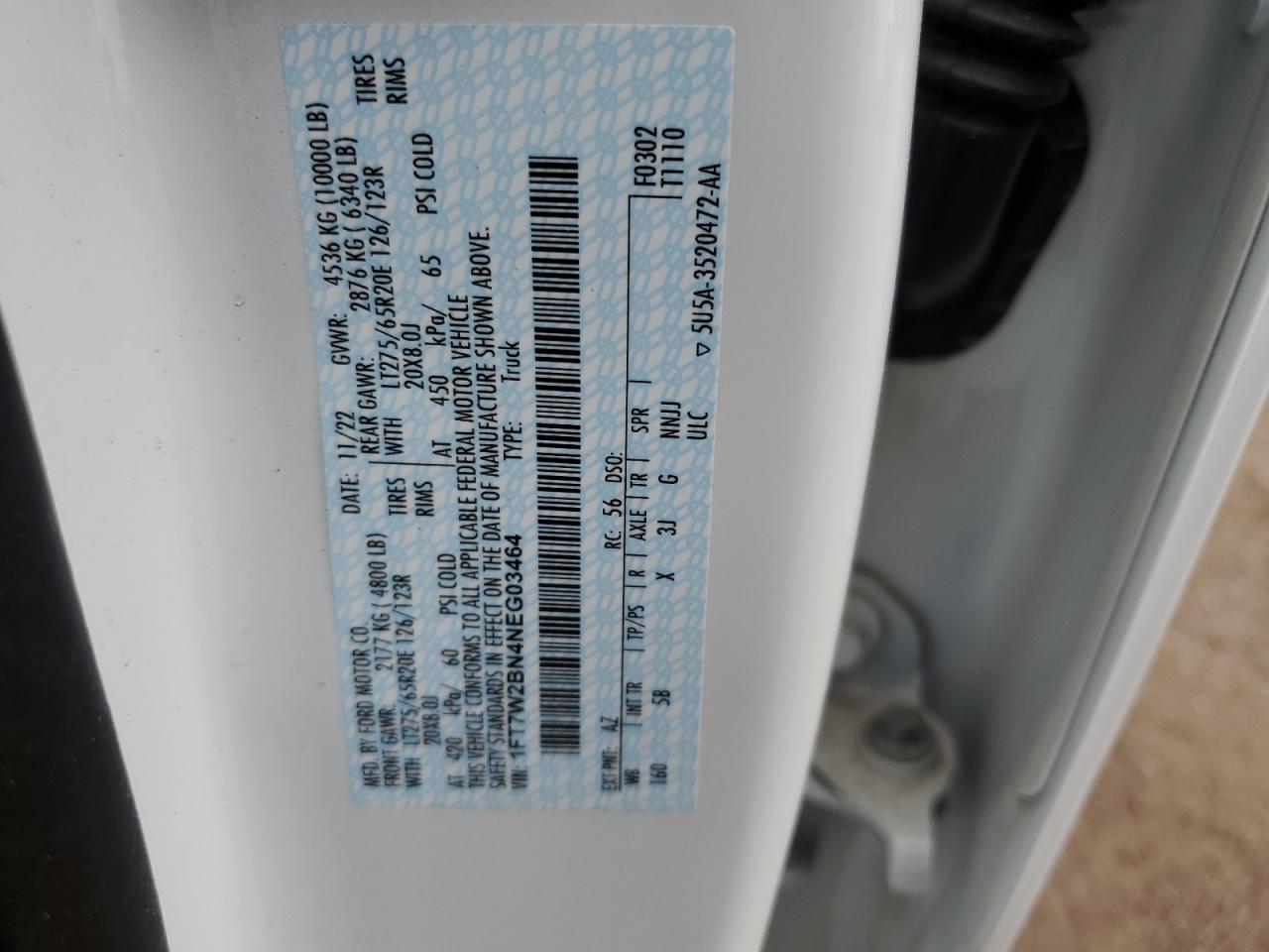 2022 FORD F250 SUPER DUTY VIN:1FT7W2BN4NEG03464