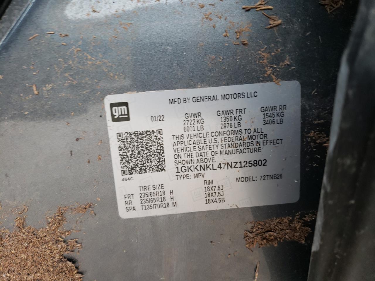 2022 GMC ACADIA SLE VIN:1GKKNKL47NZ125802