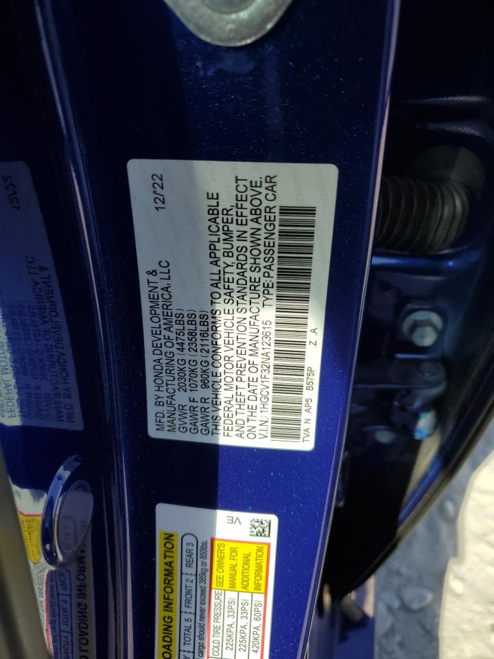 2022 HONDA ACCORD SPORT VIN:1HGCV1F32NA123615