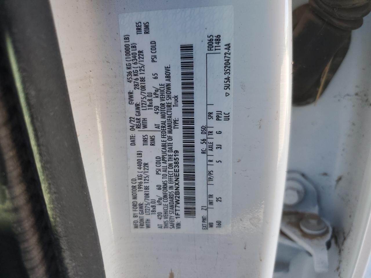 2022 FORD F250 SUPER DUTY VIN:1FT7W2BNXNEE38519