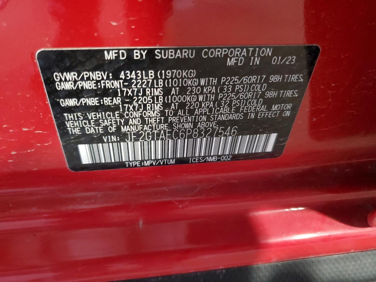 2023 SUBARU CROSSTREK PREMIUM VIN:JF2GTAEC6P8327546