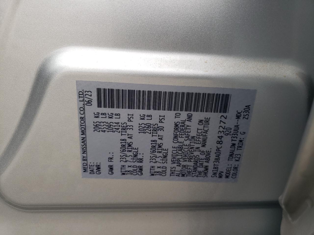 2023 NISSAN ROGUE SV VIN:5N1BT3BA0PC843272