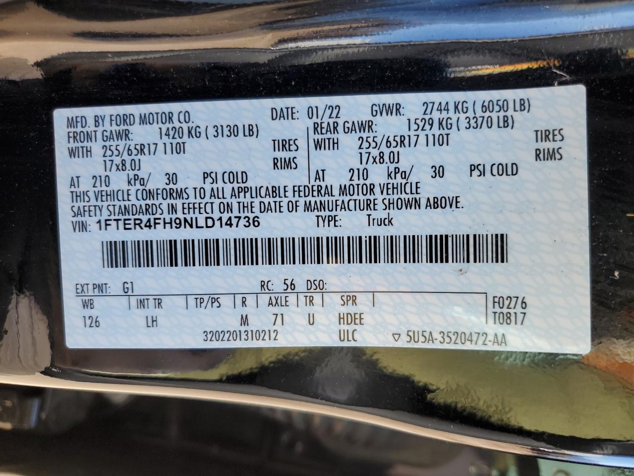 2022 FORD RANGER XL VIN:1FTER4FH9NLD14736