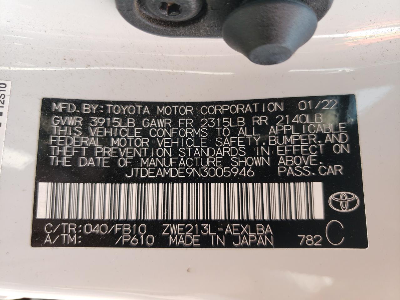 2022 TOYOTA COROLLA LE VIN:JTDEAMDE9N3005946