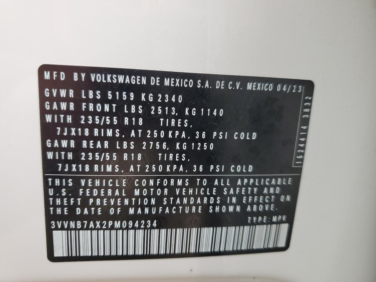 2023 VOLKSWAGEN TIGUAN SE VIN:3VVNB7AX2PM094234