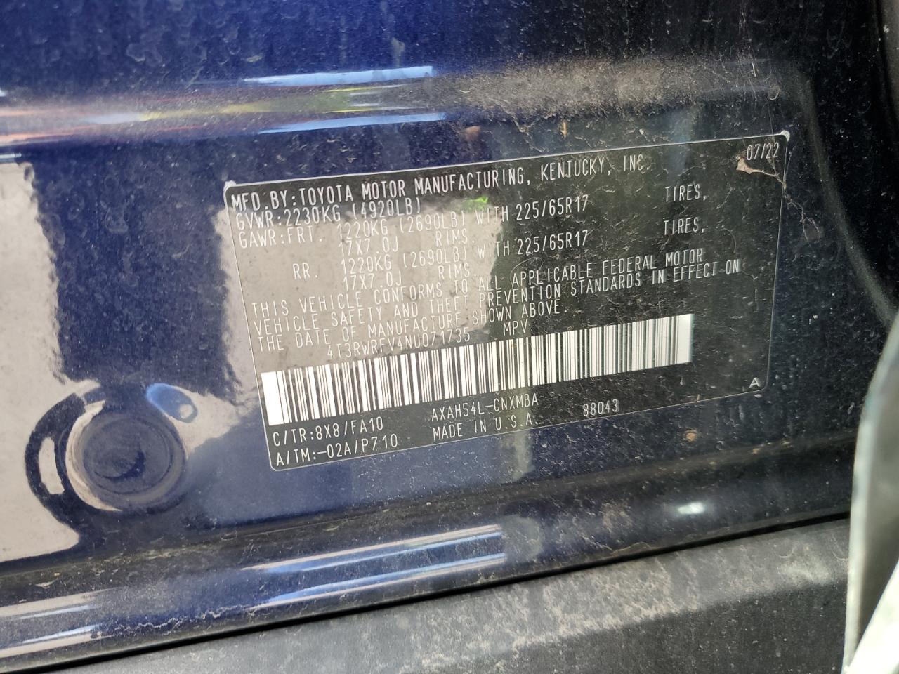 2022 TOYOTA RAV4 XLE VIN:4T3RWRFV4NU071735