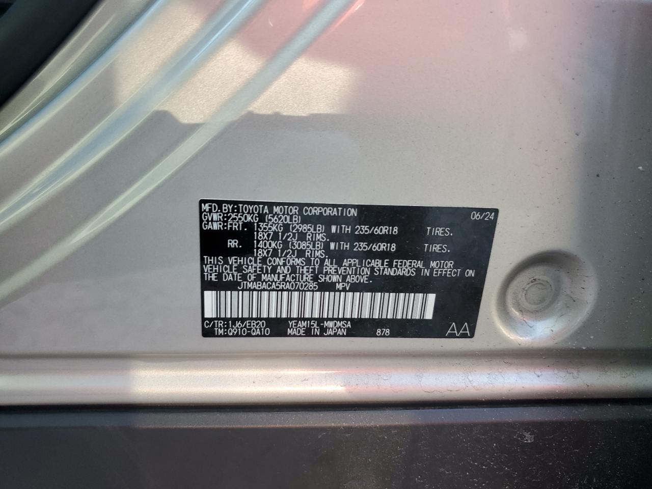 2024 TOYOTA BZ4X XLE VIN:JTMABACA5RA070285