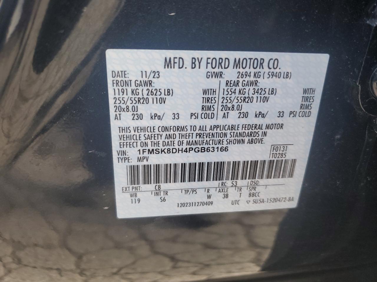 2023 FORD EXPLORER XLT VIN:1FMSK8DH4PGB63166