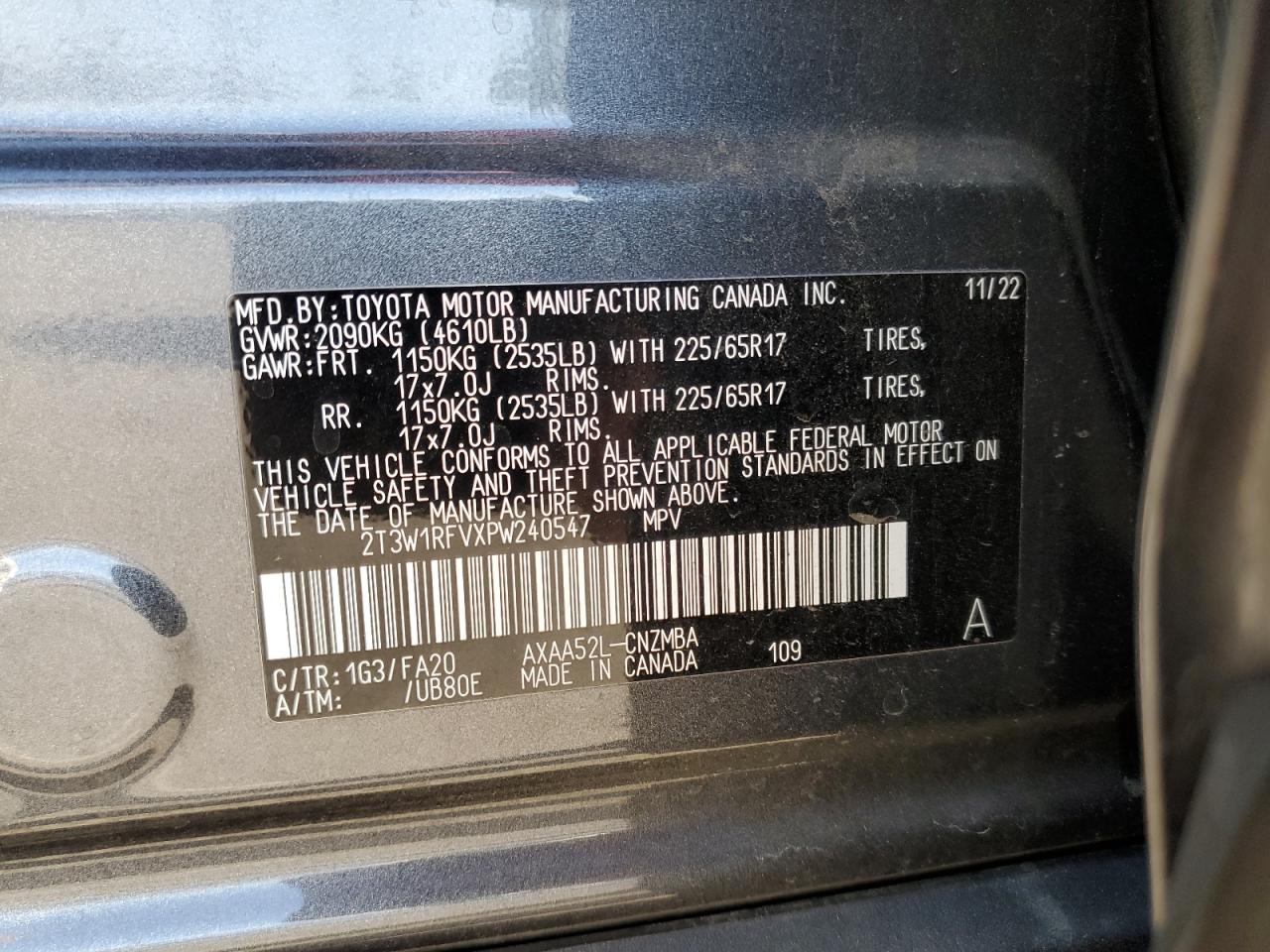 2023 TOYOTA RAV4 XLE VIN:2T3W1RFVXPW240547