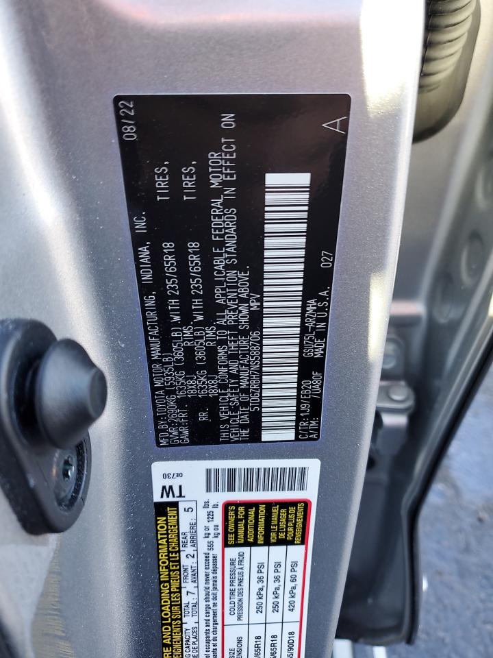 2022 TOYOTA HIGHLANDER XLE VIN:5TDGZRBH7NS588706