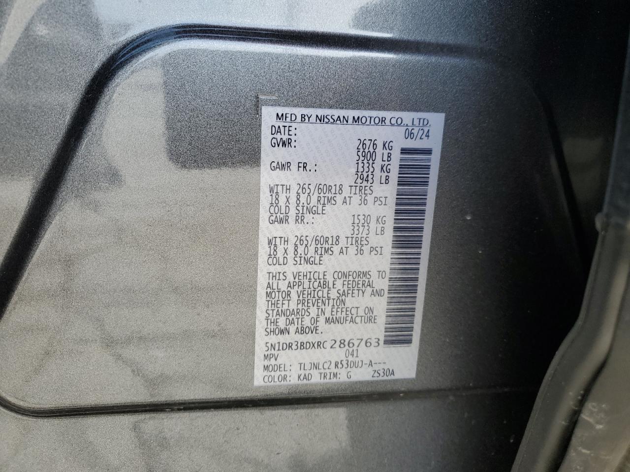 2024 NISSAN PATHFINDER ROCK CREEK VIN:5N1DR3BDXRC286763