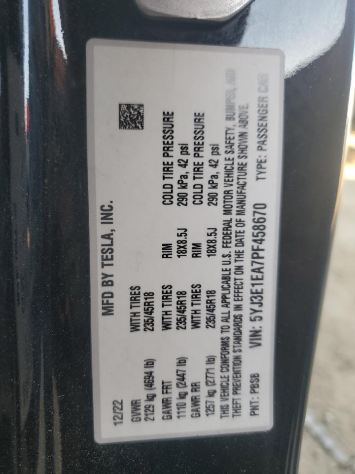2023 TESLA MODEL 3 VIN:5YJ3E1EA7PF458670