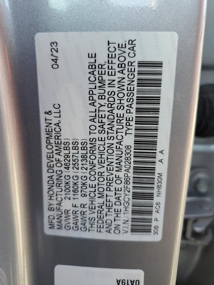 2023 HONDA ACCORD TOURING HYBRID VIN:1HGCY2F86PA028308