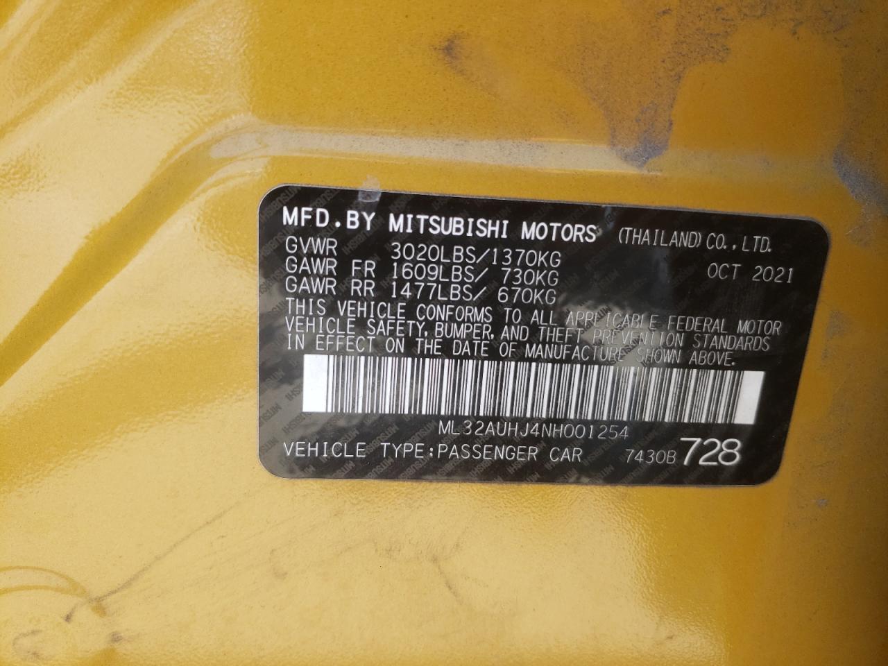 2022 MITSUBISHI MIRAGE ES VIN:ML32AUHJ4NH001254