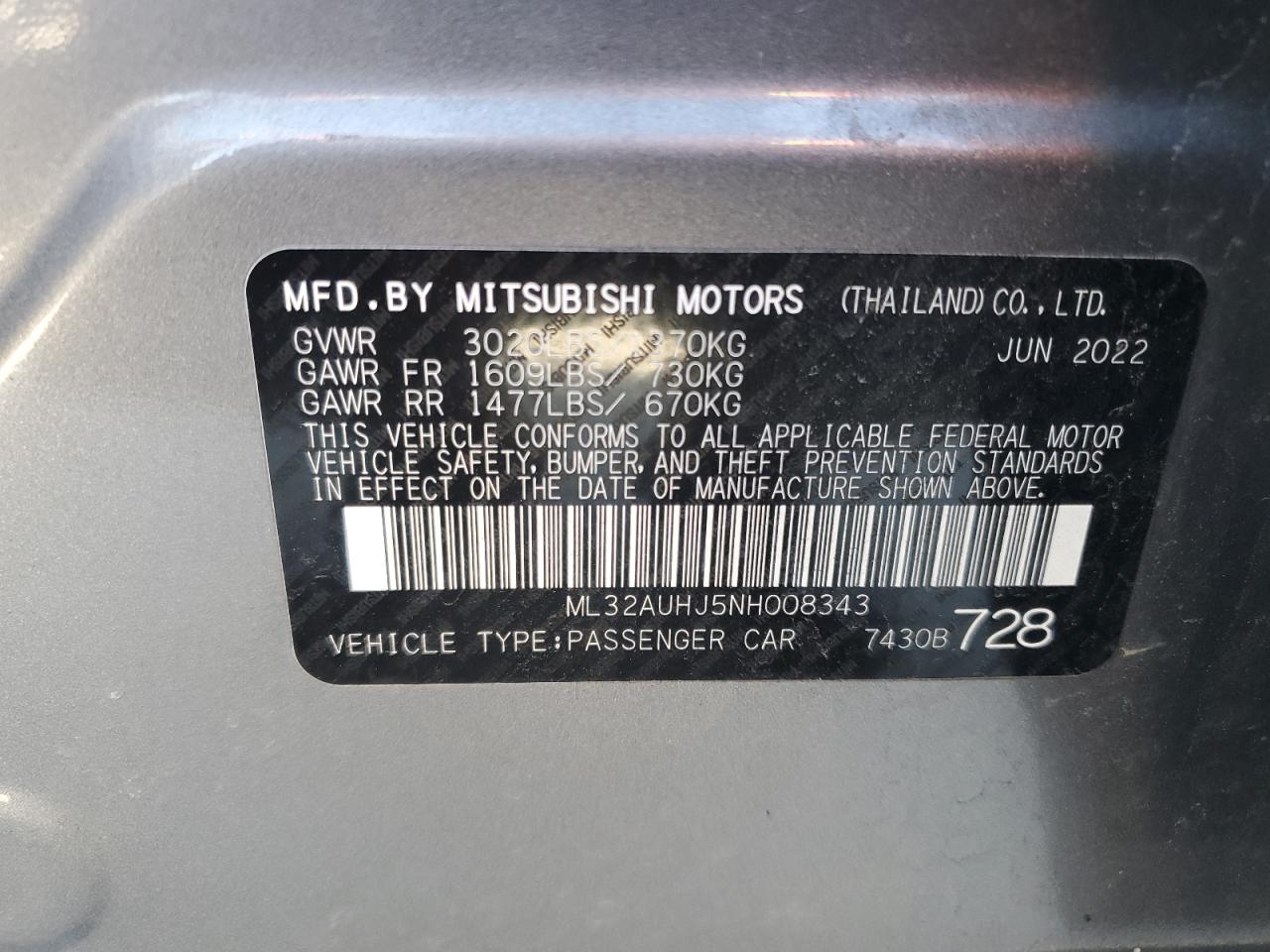 2022 MITSUBISHI MIRAGE ES VIN:ML32AUHJ5NH008343