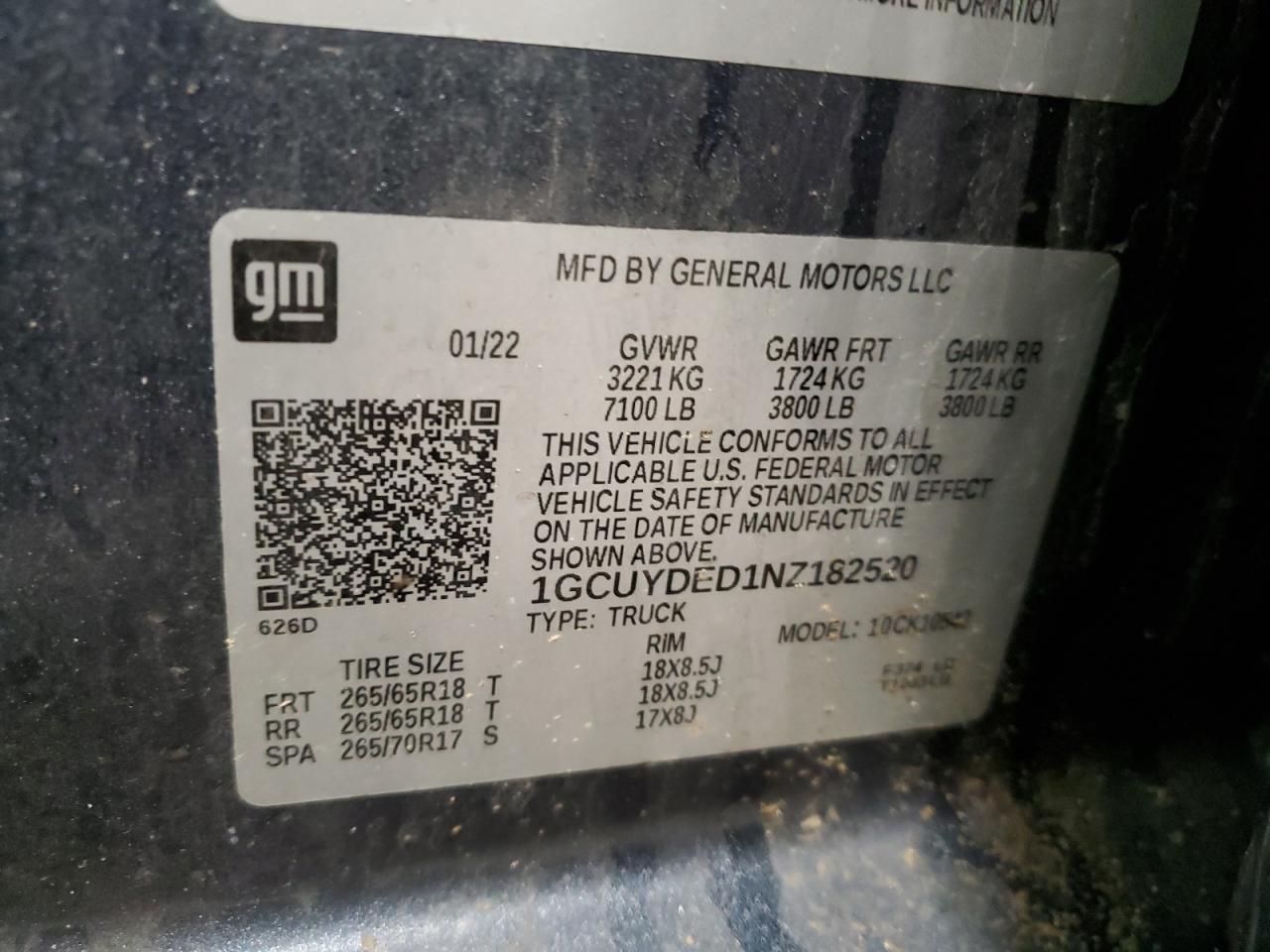 2022 CHEVROLET SILVERADO LTD K1500 LT VIN:1GCUYDED1NZ182520