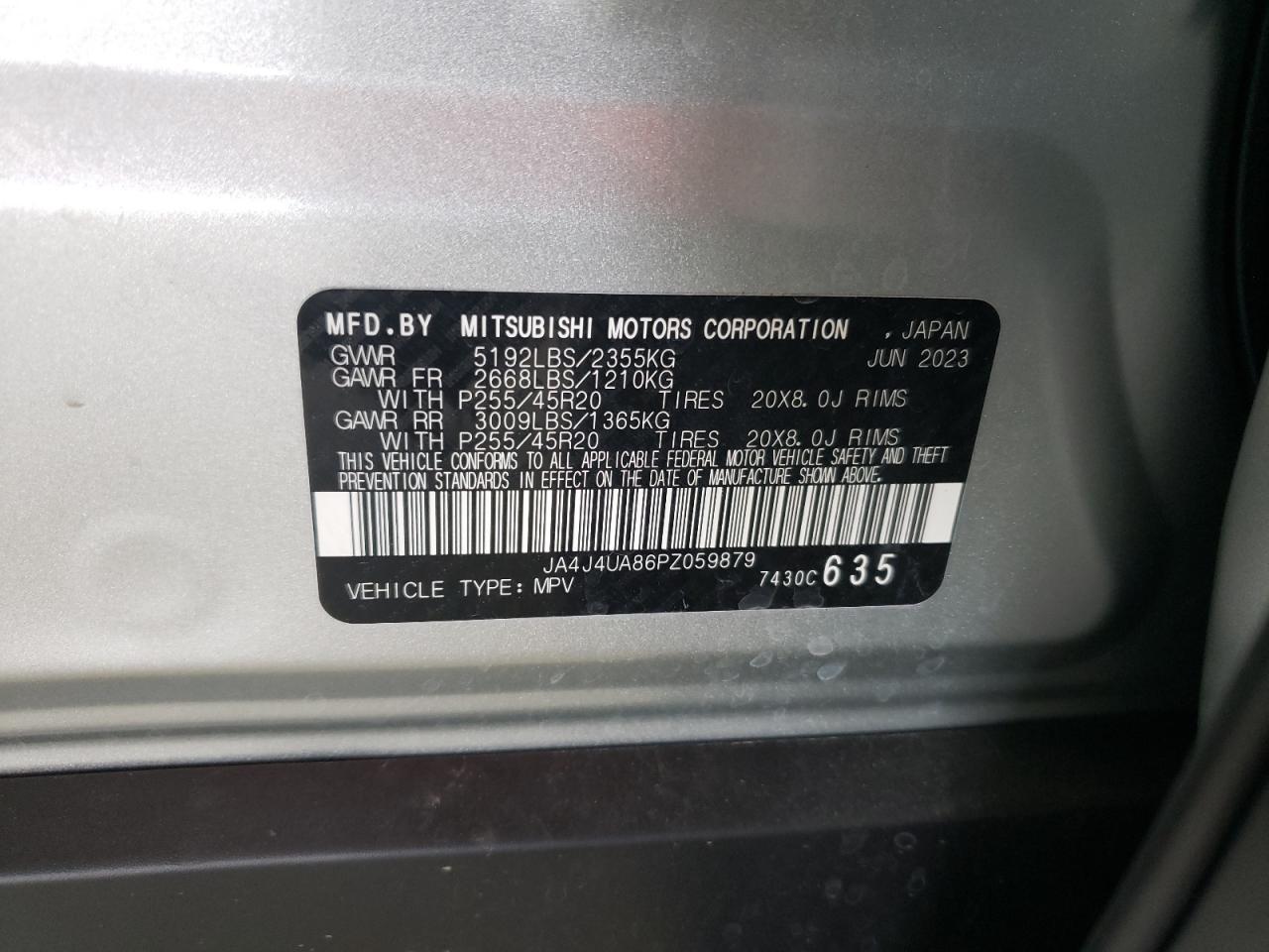 2023 MITSUBISHI OUTLANDER SE VIN:JA4J4UA86PZ059879