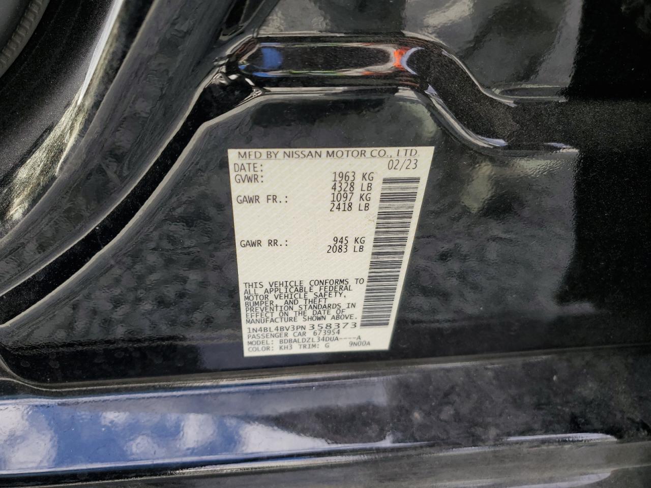 2023 NISSAN ALTIMA S VIN:1N4BL4BV3PN358373
