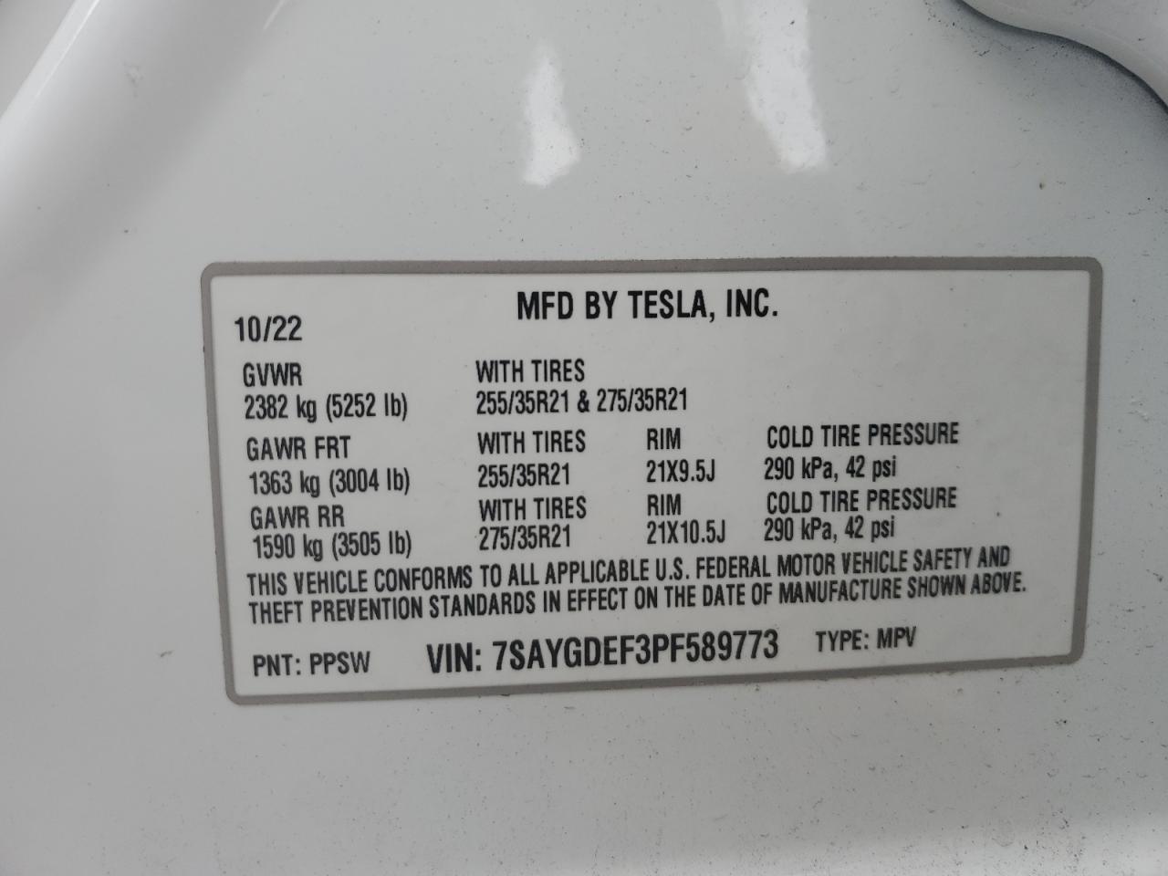 2023 TESLA MODEL Y  VIN:7SAYGDEF3PF589773