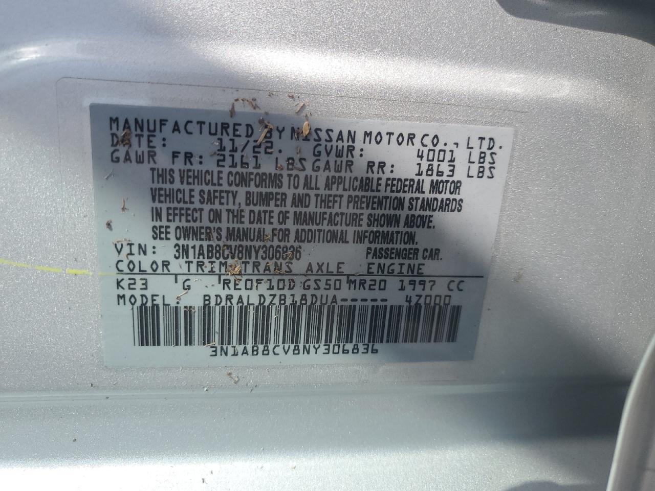 2022 NISSAN SENTRA SV VIN:3N1AB8CV8NY306836