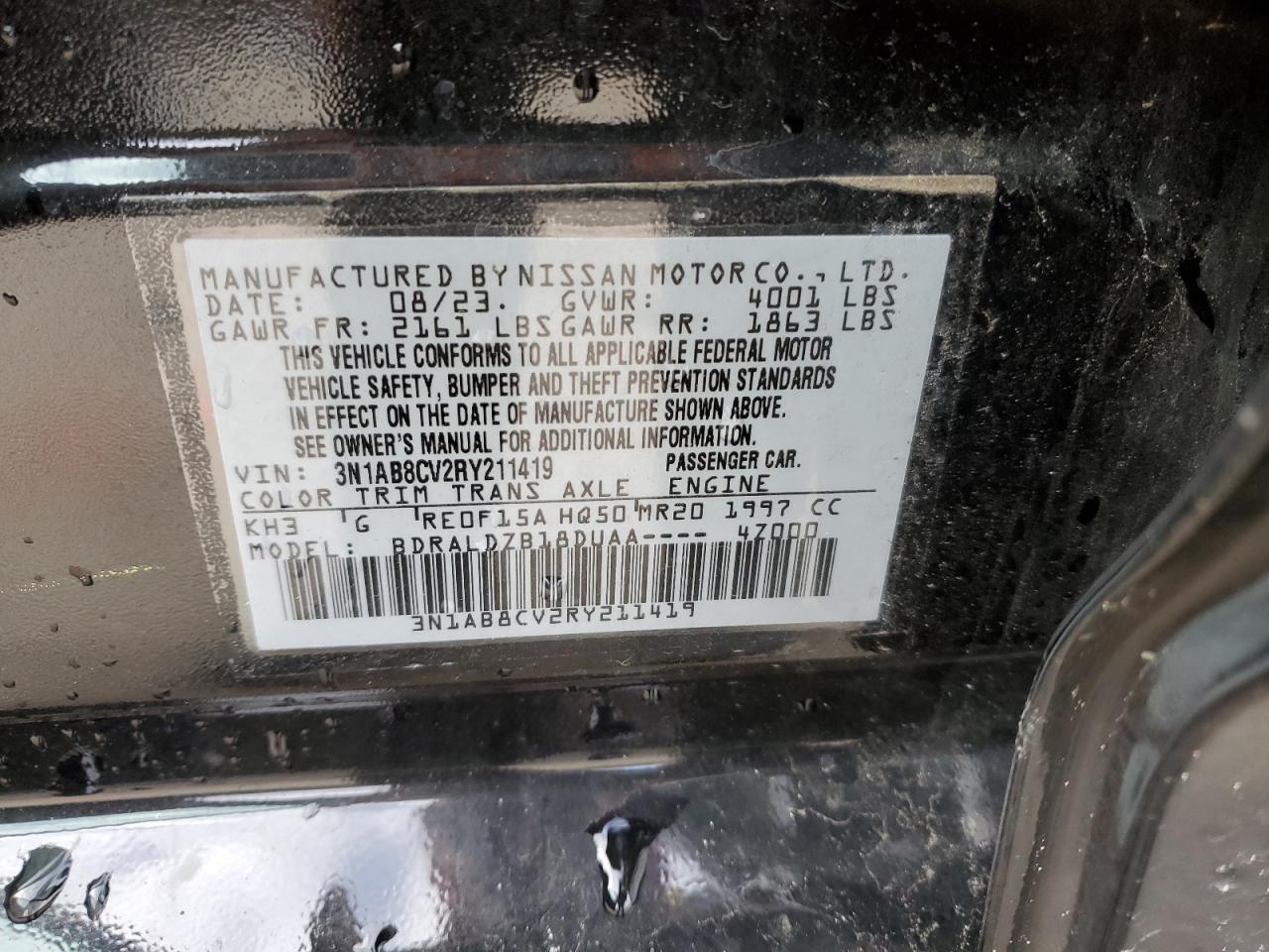 2024 NISSAN SENTRA SV VIN:3N1AB8CV2RY211419