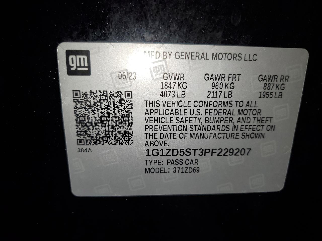 2023 CHEVROLET MALIBU LT VIN:1G1ZD5ST3PF229207