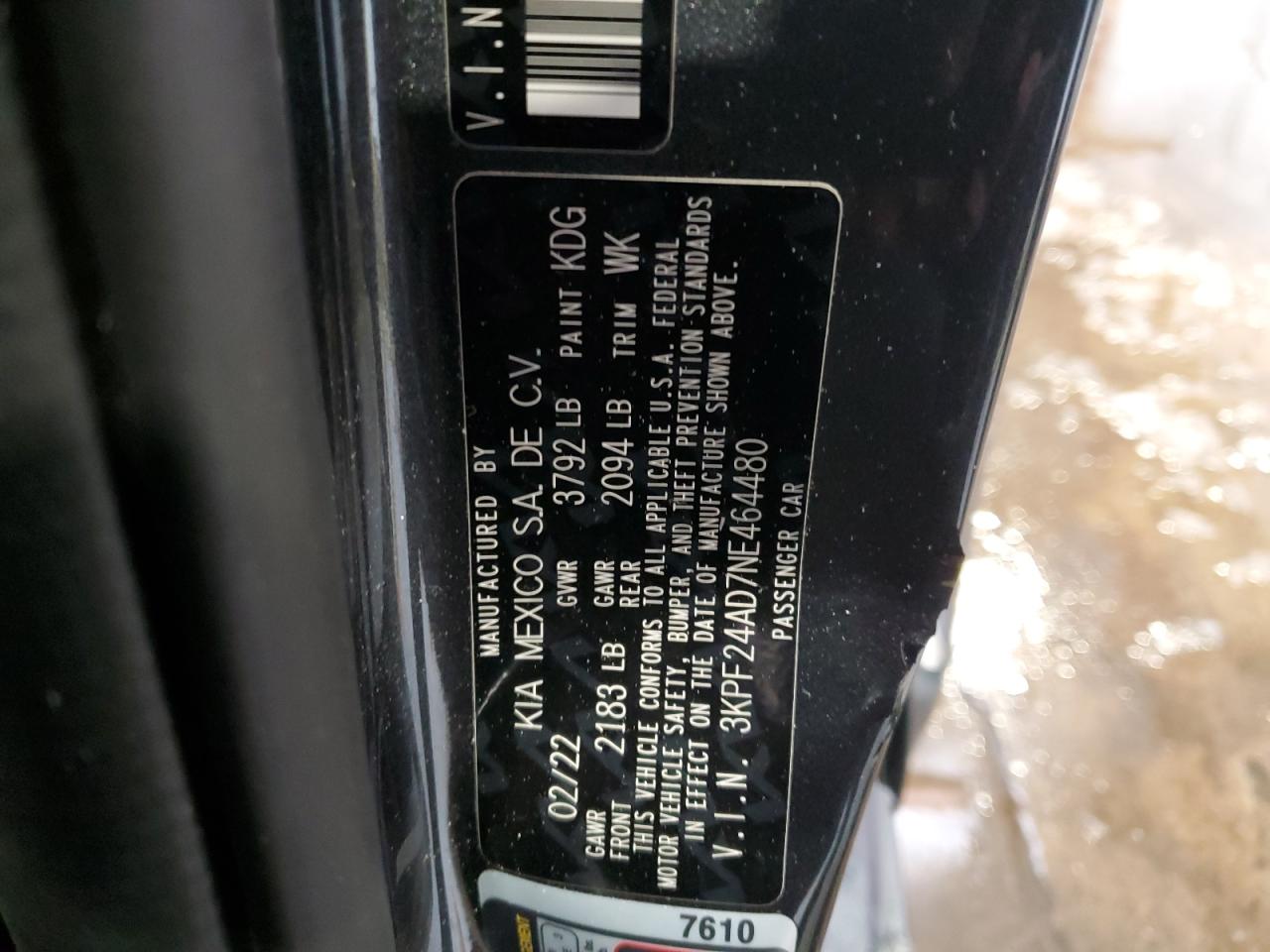2022 KIA FORTE FE VIN:3KPF24AD7NE464480