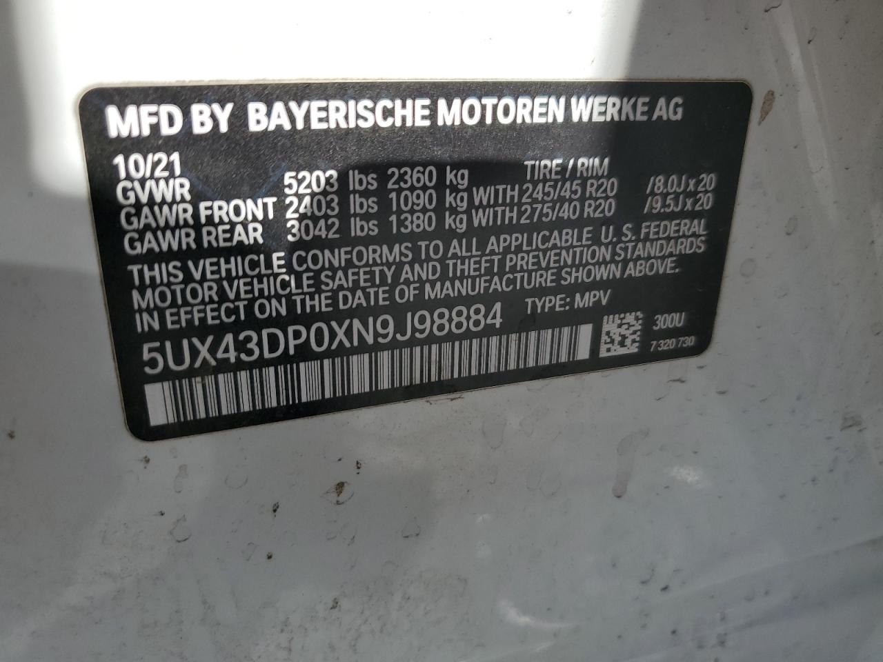 2022 BMW X3 SDRIVE30I VIN:5UX43DP0XN9J98884