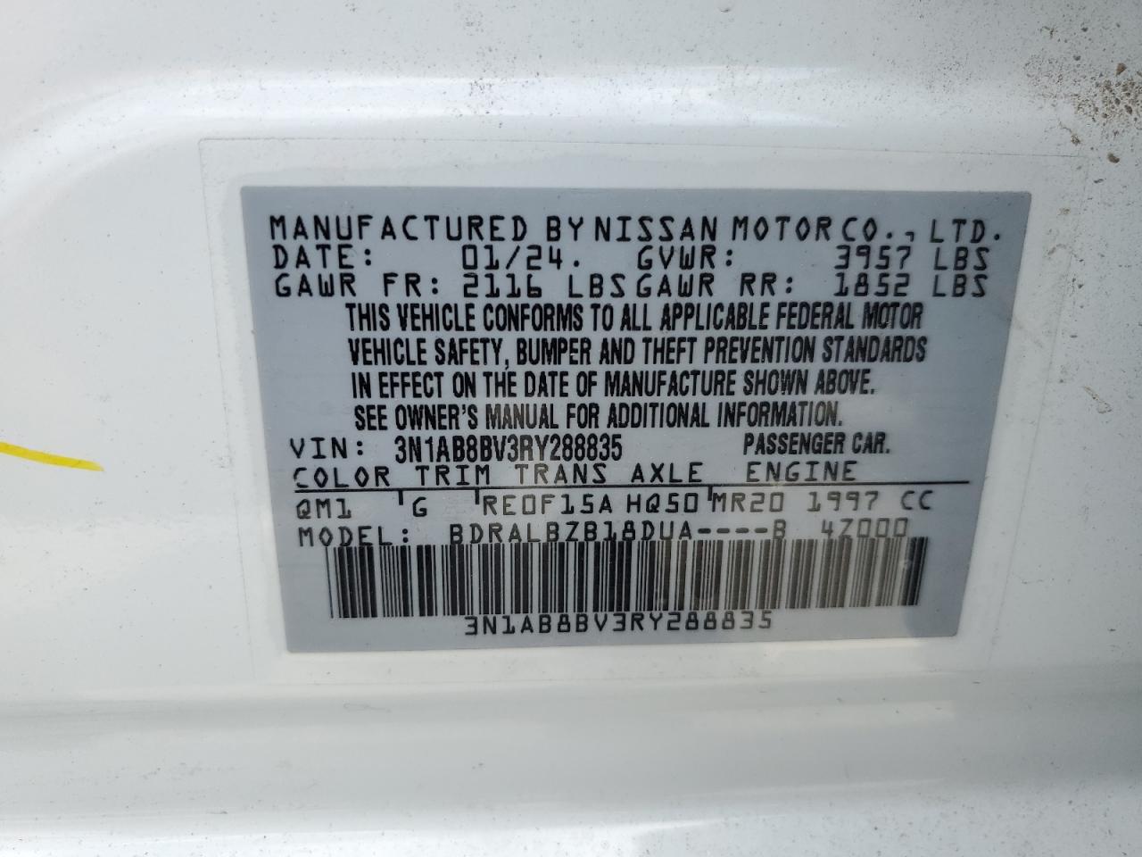 2024 NISSAN SENTRA S VIN:3N1AB8BV3RY288835