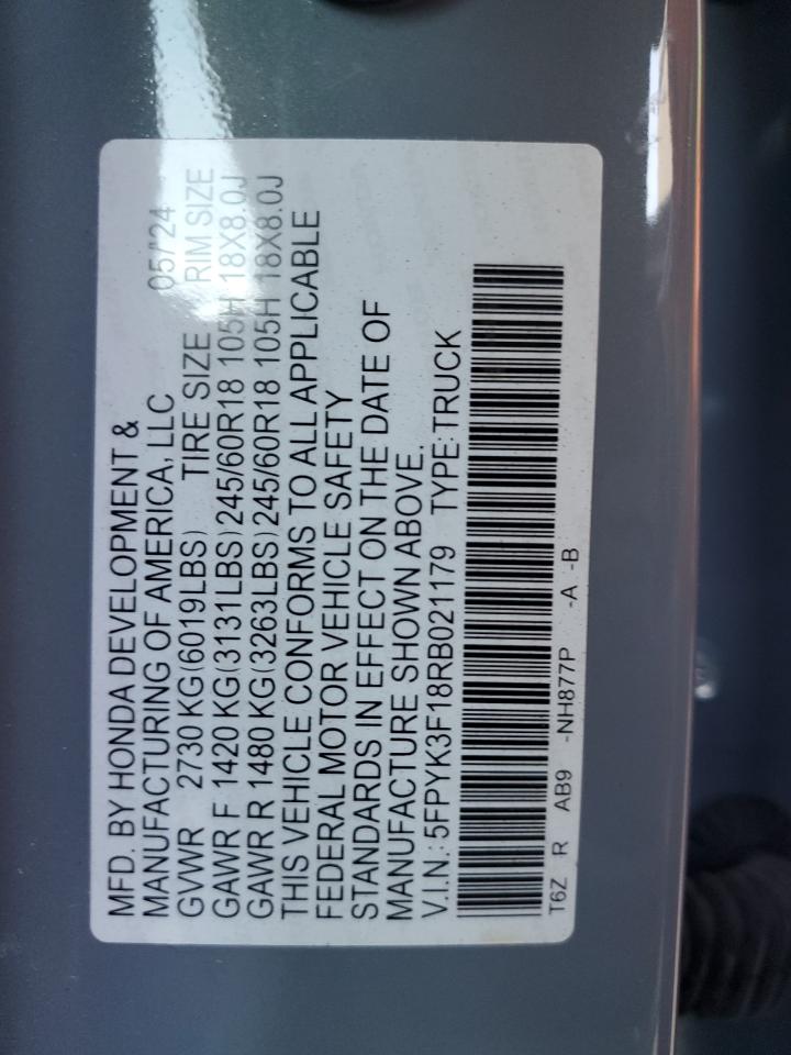 2024 HONDA RIDGELINE SPORT VIN:5FPYK3F18RB021179