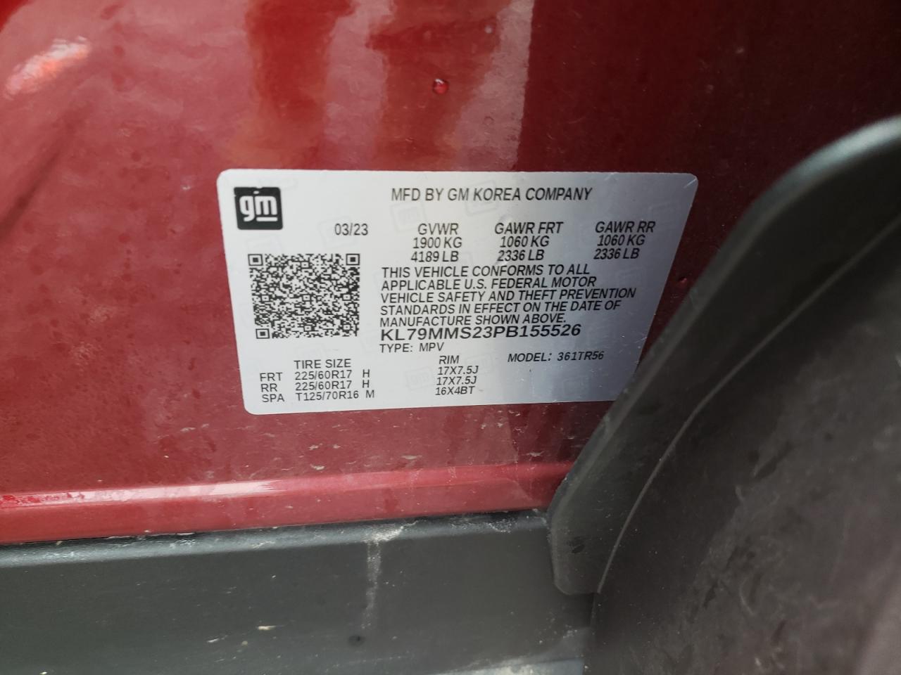 2023 CHEVROLET TRAILBLAZER LS VIN:KL79MMS23PB155526