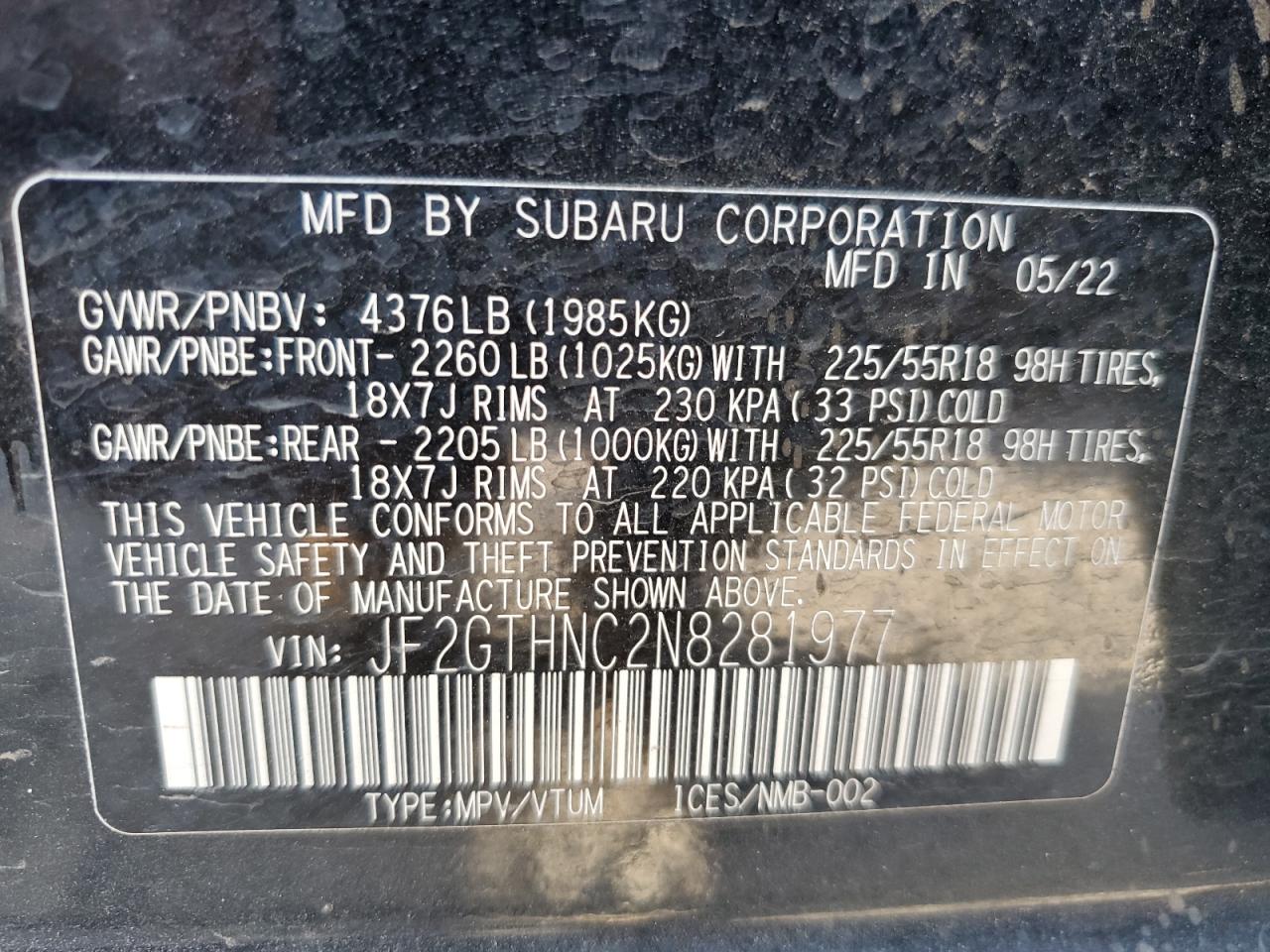 2022 SUBARU CROSSTREK LIMITED VIN:JF2GTHNC2N8281977