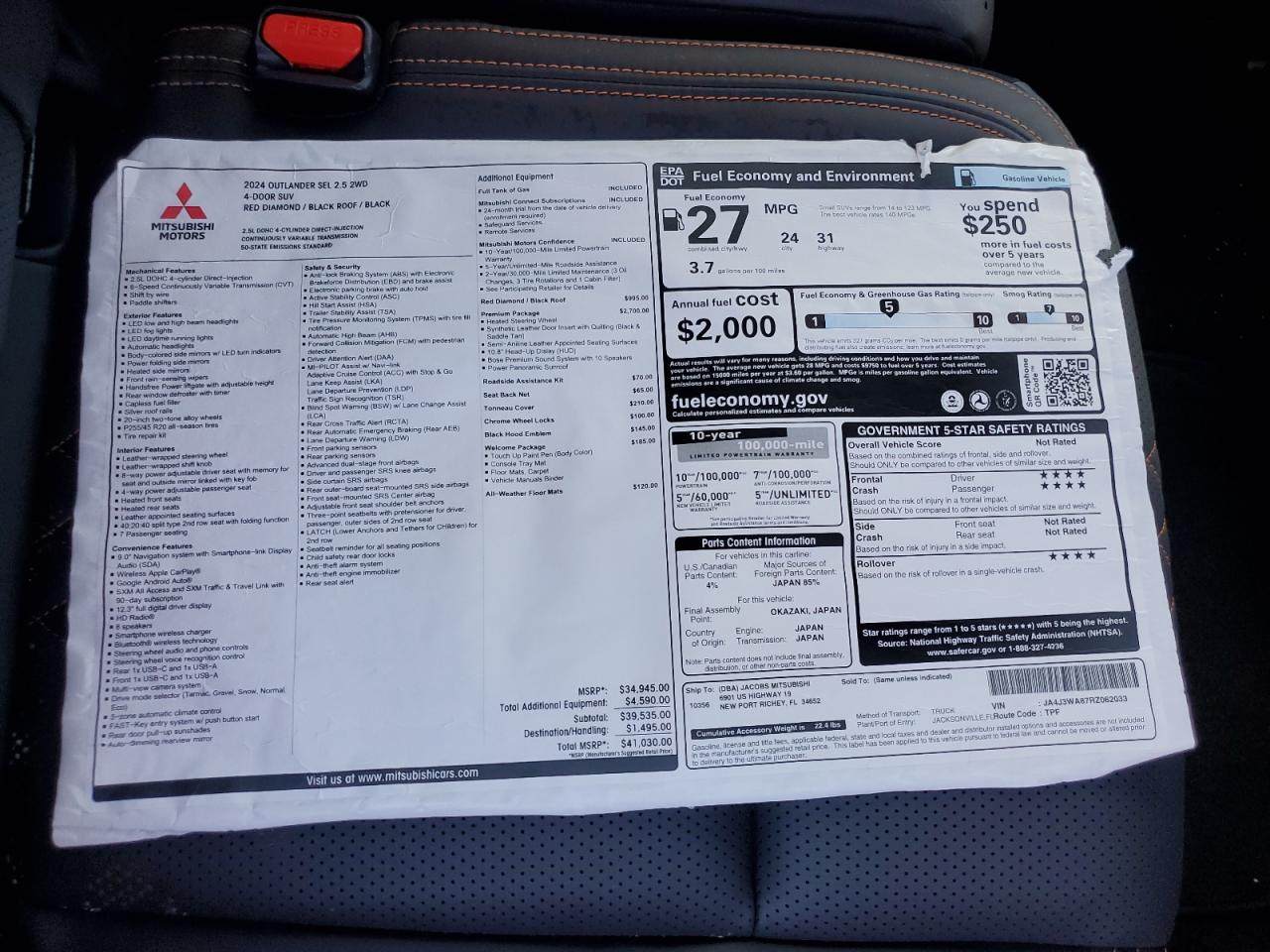 2024 MITSUBISHI OUTLANDER SEL VIN:JA4J3WA87RZ062033