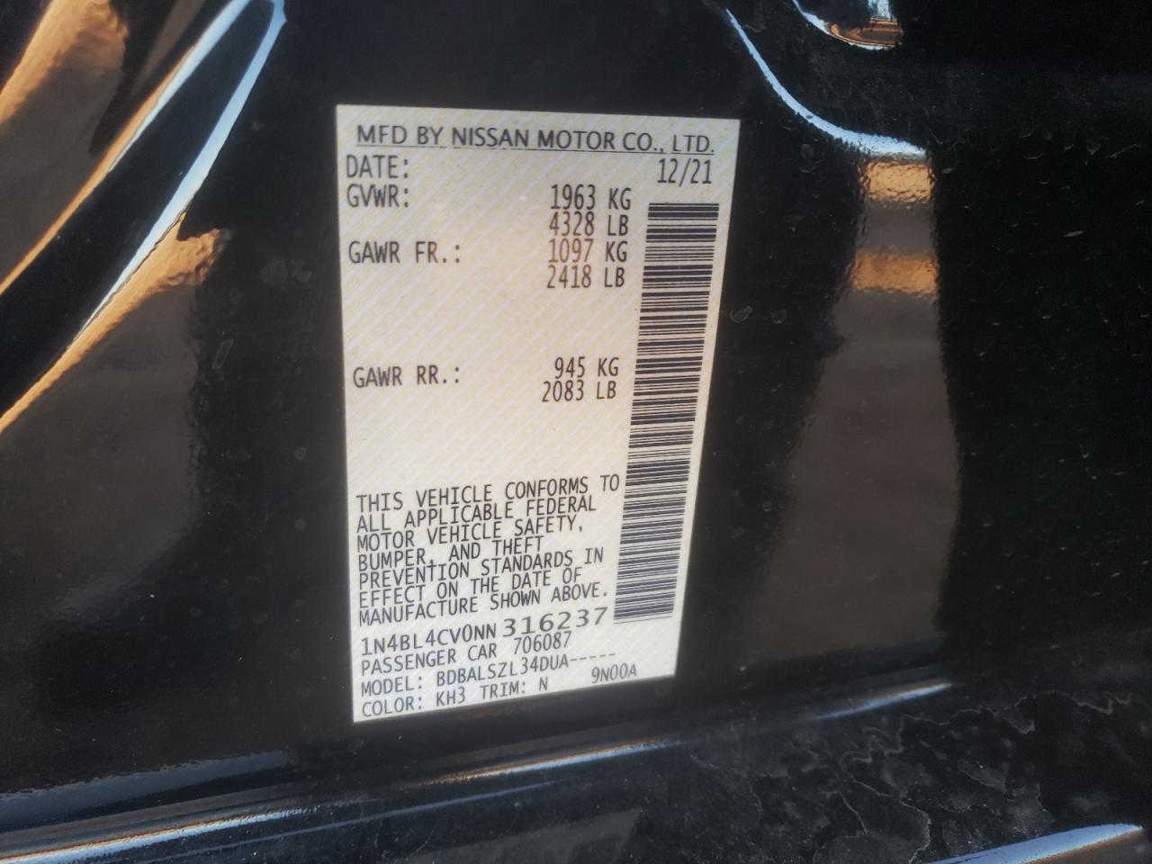 2022 NISSAN ALTIMA SR VIN:1N4BL4CV0NN316237