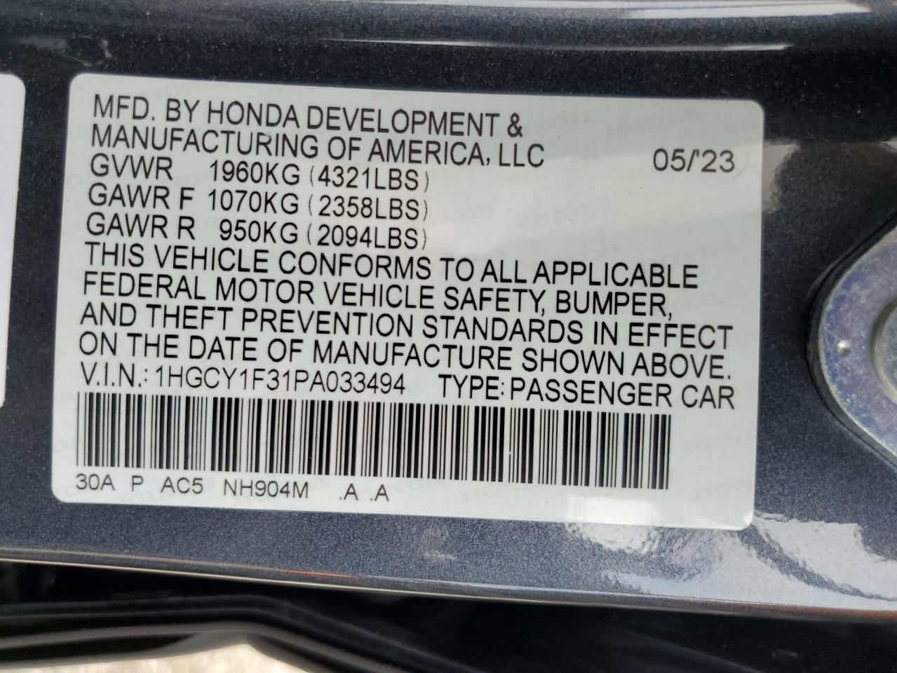 2023 HONDA ACCORD EX VIN:1HGCY1F31PA033494