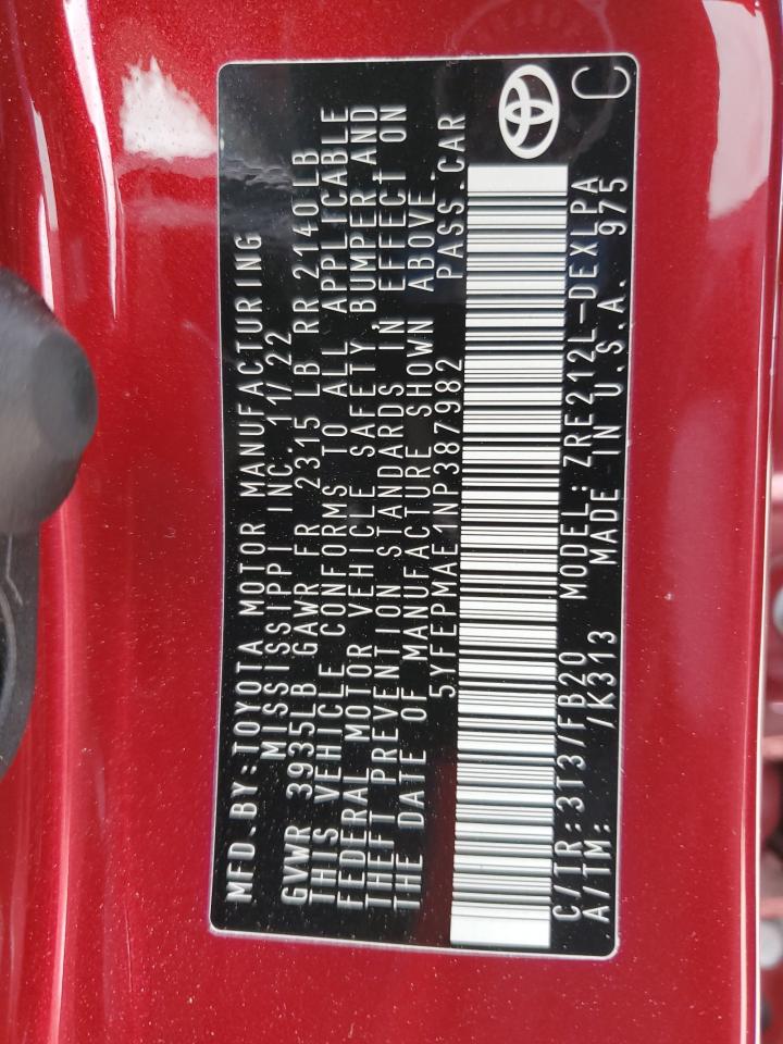 2022 TOYOTA COROLLA LE VIN:5YFEPMAE1NP387982