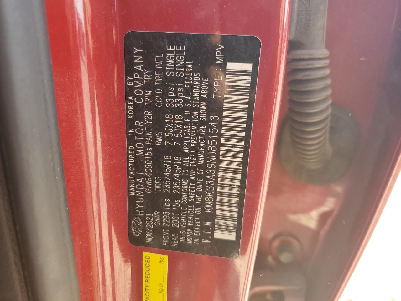 2022 HYUNDAI KONA N LINE VIN:KM8K33A39NU851543