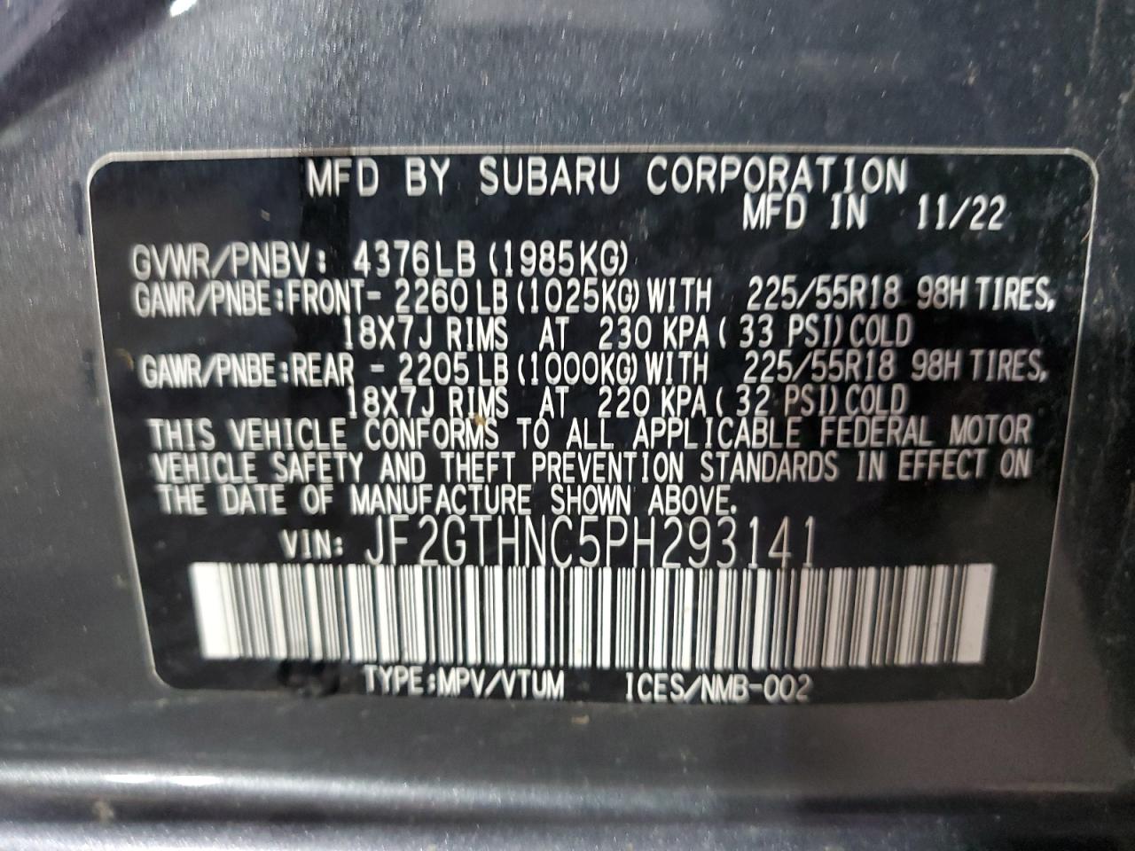 2023 SUBARU CROSSTREK LIMITED VIN:JF2GTHNC5PH293141