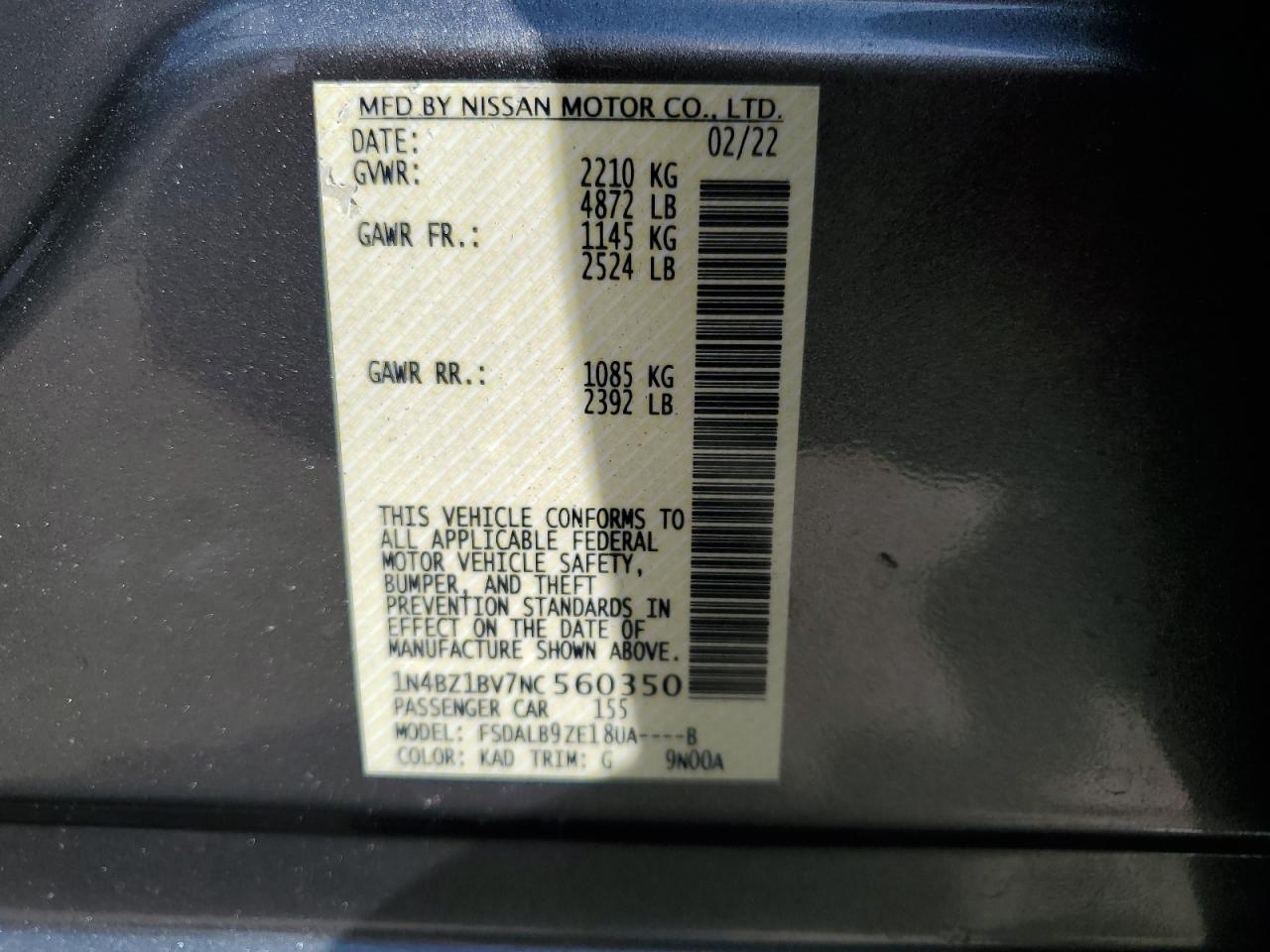 2022 NISSAN LEAF S PLUS VIN:1N4BZ1BV7NC560350