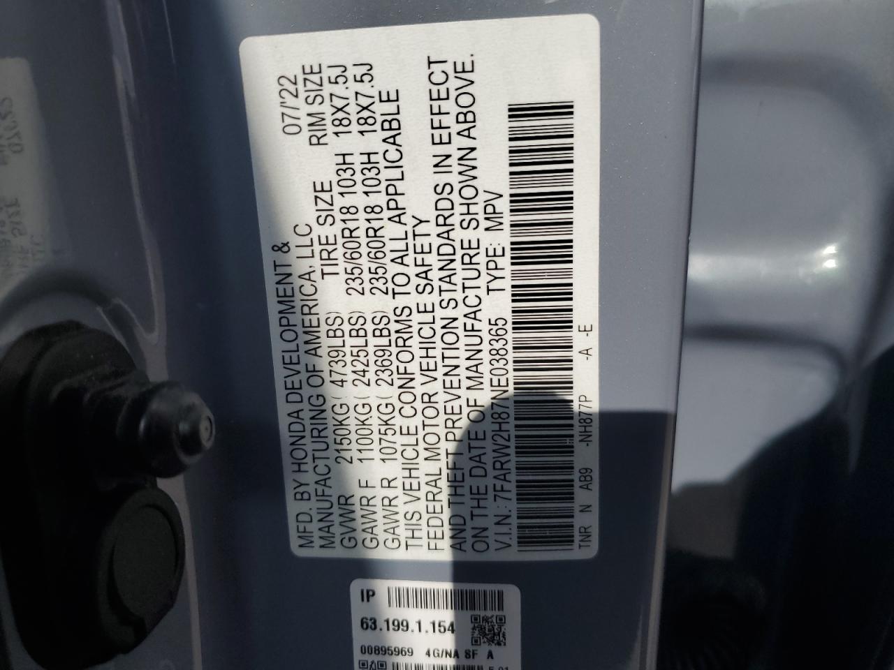 2022 HONDA CR-V EXL VIN:7FARW2H87NE038365